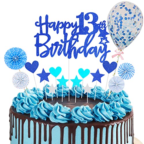 Deko 13. Geburtstag Junge Blau Tortendeko 13 Geburtstag Glitzer Happy 13th Birthday Cake Topper für 13 Jahre Alt Geburtstagsparty Kuchen Kuchendeckel Geburtstag Cake Cupake Topper Party Dekoration von Domgoge