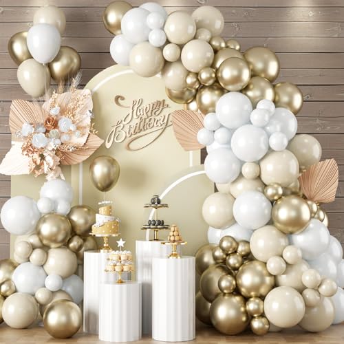 Luftballons Girlande Beige Gold 142 Stück Sandweiß Creme Gold Luftballons Girlande Kit mit Metallic Champagner Gold Ballon Nude Geburtstag Party Ballons für Boho Babyparty Hochzeitstag Verlobung Deko von Domgoge