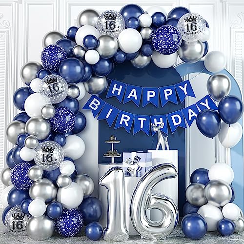 16 Geburtstag Deko Blau Silber Luftballon Girlande Kit mit Folienballon Konfetti Happy Birthday Bunting Banner Marine Blau Silber Geburtstagdeko für 16 Jahr Jungen Mädchen Mann Frau Hochzeitstag Party von Domgoge