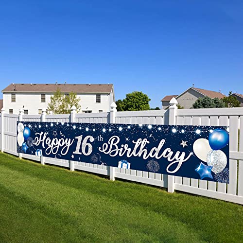 16. Geburtstag Banner Blau Silber Happy 16th Birthday Banner Alles Gute zum Geburtstag Banner 210x40cm Extra Lange Zeichen Poster Hintergrund Hof Banner Dekorationen für Kinder Jungen Jubiläum Party von Domgoge