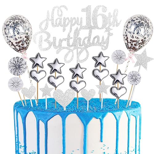 Deko 16. Geburtstag Silber Tortendeko 16 Geburtstag Happy 16th Birthday Cake Topper für 16 Jahre Alt Junge Mädchen Geburtstagsparty Kuchen Kuchendeckel Geburtstag Cupake Topper Party Dekoration von Domgoge