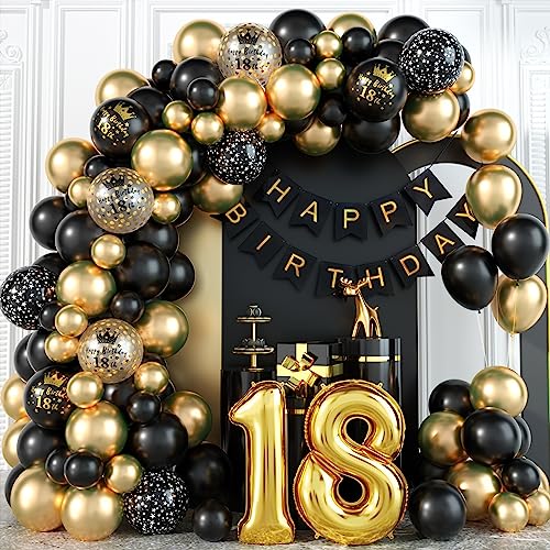 18 Geburtstag Deko Schwarz Gold 18. Geburtstag Luftballons Girlande Kit Junge 18 Jahr Geburtstagdeko mit Happy Birthday Banner Konfetti Zahlen Folienballon zum Hochzeitstag Party Dekorationen Mädchen von Domgoge