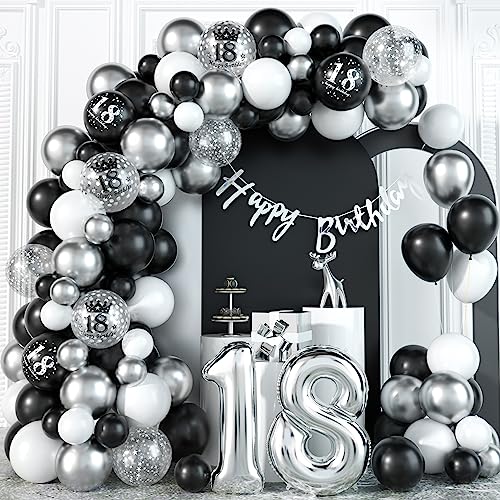 18 Geburtstag Deko Schwarz Silber Luftballon Girlande Kit mit Zahlen Folienballon Konfetti Happy Birthday Bunting Banner Geburtstagdeko für 18 Jahr Junge Mädchen Mann Frau Abschluss Hochzeitstag Party von Domgoge