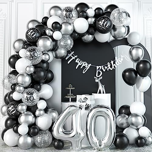 40 Geburtstag Deko Schwarz Silber Luftballon Girlande Kit mit Zahlen Folienballon Konfetti Happy Birthday Bunting Banner 40 Geburtstagdeko für 40 Jahr Mann Frau Abschluss Hochzeitstag Party Dekoration von Domgoge