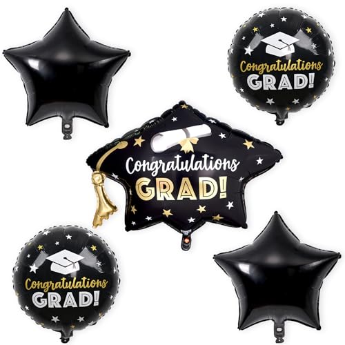 5 Stück Abschluss Deko Folienballon Abschluss Congrats Grad der Klasse 2024 Graduation Kappe Stern Luftballons Set Class of 2024 Congratulations Graduate Aluminium Mylar Helium Ballon Party Dekoration von Domgoge