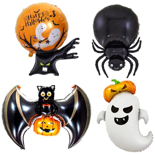 7 Stück Halloween Deko Luftballons, Riesen Halloween Folienballon, Halloween Spinne Kürbis Gespenst Fledermaus Spinnennetz Trocken Luftballons Set, Halloween Party Mylar Aluminium Helium Ballon Kinder von Domgoge