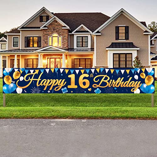 Banner 16 Geburtstag Junge, Blau Gold Happy 16th Birthday Banner, Alles Gute zum 16. Geburtstag Banner, 300x50cm Extra Lange Hof Zeichen Poster Hintergrund für Kinder 16 Jahre Geburtstag Party Deko von Domgoge