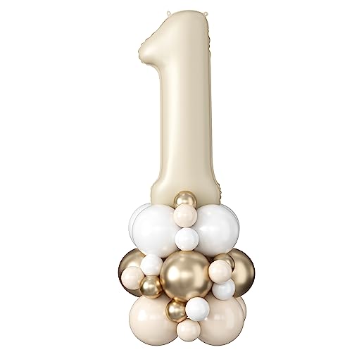 Beige Luftballons Geburtstag Zahlen 1 Jahr Folienballon Creme Sandweiß Gold Digit Luftballons 40 Zoll XXL Große Boho Neutral Helium Luftballons für Mädchen Frauen 1st Geburtstagsdeko Jubiläums Party von Domgoge