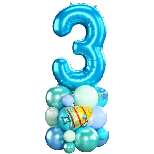 Blau Luftballons 3. Geburtstag Junge Ocean Zahlen 3 Folienballons für 3 Jahr Alt Geburtstags Deko mit Hai Fisch Shark 40 Zoll Groß Blau Grün unter dem Meer Tiere Drei Digit Ballon für Dritte 3rd Party von Domgoge