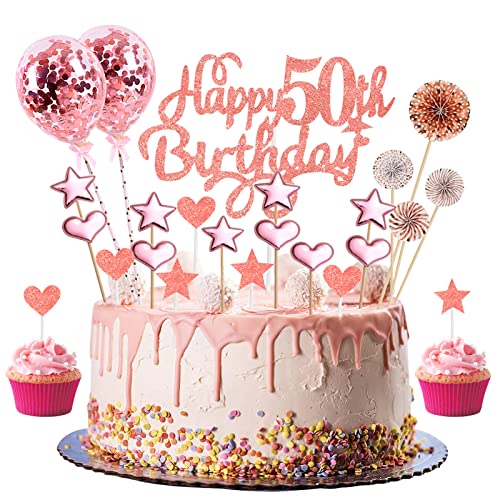 50. Geburtstag Deko Frau Rosegold Tortendeko 50 Geburtstag Glitzer Happy 50th Birthday Cake Topper für 50 Jahre Alt Geburtstagsparty Kuchen Kuchendeckel Geburtstag Cupake Topper Party Dekoration von Domgoge