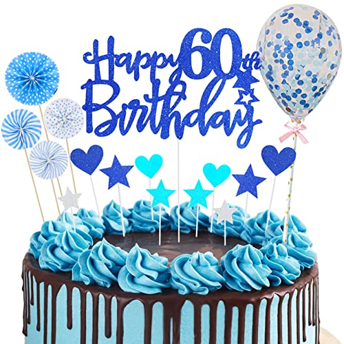 Deko 60 Geburtstag Mann Blau Tortendeko 60. Geburtstag Glitzer Königsblau Happy 60th Birthday Cake Topper 60 Jahre Alt Geburtstagsparty Kuchen Kuchendeckel Geburtstag Cupake Topper Party Dekoration von Domgoge