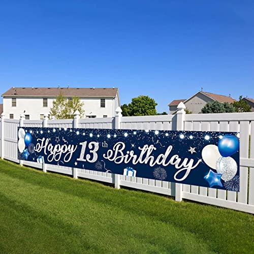 Geburtstag Banner 13, Happy 13th Birthday Banner Blau Silber, Alles Gute zum Geburtstag Banner, 210x40cm Extra Lange Hof Banner,Stoff Zeichen Poster Hintergrund Dekorationen für Kinder Jungen Party von Domgoge