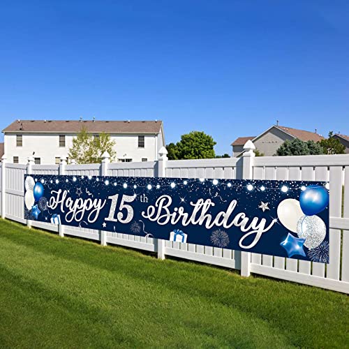 Geburtstag Banner 15, Happy 15th Birthday Banner Blau Silber, Alles Gute zum Geburtstag Banner, 210x40cm Extra Lange Hof Banner, Stoff Zeichen Poster Hintergrund Dekorationen für Kinder Jungen Party von Domgoge