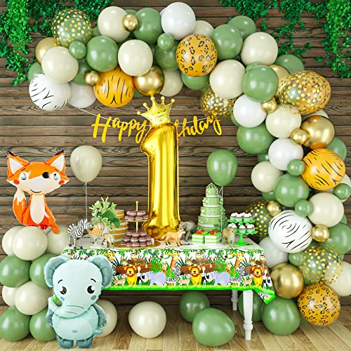 Geburtstag Dekoration 1 Jahr Junge Dschungel Kindergeburtstag Deko Salbeigrün Gold Wild One Geburtstag Luftballon Set mit Folie Ballons Banner Tischdecke Safari Tier Happy Birthday Party Dekoration von Domgoge