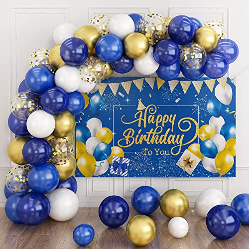 Geburtstagsparty Dekoration Set, Geburtstagsfeier Dekoration Mann, Blau Gold Luftballons Girlande Kit mit Happy Birthday Hintergrund Banner, Geburtstag Party Deko für Frauen Junge Kindergeburtstag von Domgoge