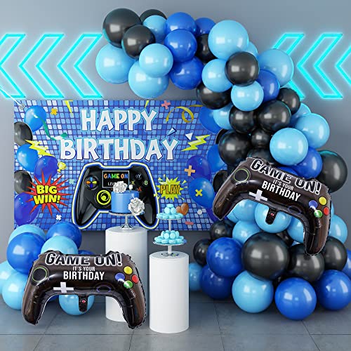 Geburtstagsparty Dekoration Set, Luftballons Girlande Kit Blau Schwarz mit Groß Videospiel Happy Birthday Hintergrund Banner Gamer Folienballon, Geburtstag Party Deko für Junge Mann Kinder Jubiläums von Domgoge