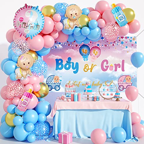 Gender Reveal Party Dekoration Babyparty Deko Girl Or Boy Rosa Blau Luftballons Girlande mit Boy or Girl Hintergrund Banner Folienballons Junge Oder Mädchen Deko für Baby Shower Geschlecht Offenbaren von Domgoge