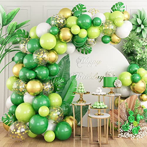 Grün Gold Luftballons Girlande 104 Stück Dschungel Dunkelgrün Metallic Gold Weiß Ballon Bogen Kit mit Konfetti & Palmenblätter Hellgrüne Geburtstags Party Ballon für Kinder Babyparty Dekorationen von Domgoge