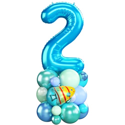 Luftballons 2. Geburtstag Junge Blau Ocean Zahlen 2 Folienballons für 2 Jahr Alt Geburtstags Deko mit Hai Fisch Shark 40 Zoll Groß Blau Grün unter dem Meer Tiere Zwei Digit Ballon für Zweite 2nd Party von Domgoge