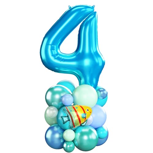 Luftballons 4. Geburtstag Junge Blau Ocean Zahlen 4 Folienballons für 4 Jahr Alt Geburtstags Deko mit Hai Fisch Shark 40 Zoll Groß Blau Grün unter dem Meer Tiere Vier Digit Ballon für Vierte 4th Party von Domgoge