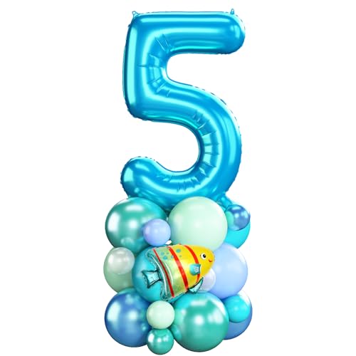 Luftballons 5. Geburtstag Blau Ocean Zahlen 5 Folienballons für Junge 5 Jahr Alt Geburtstags Deko mit Hai Fisch Shark 40 Zoll Groß Blau Grün unter dem Meer Tiere Fünf Digit Ballon für Fünfte 5th Party von Domgoge