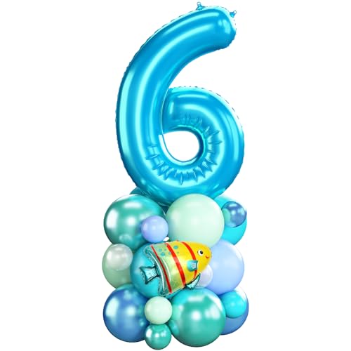 Luftballons 6. Geburtstag Blau Ocean Zahlen 6 Folienballons für Junge 6 Jahr Alt Geburtstags Deko mit Hai Fisch Shark 40 Zoll Groß Blau Grün unter dem Meer Tiere Sechs Ballons für Sechste 6th Party von Domgoge