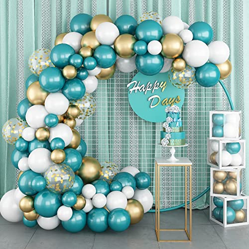 Luftballons Girlande, 112 Stück Perle Blau Grün Weiß Metallic Gold Luftballons Girlande Kit mit Konfetti Retro Tiffany Türkisblau Geburtstag ballons für Kinder Junge Ocean Babyparty Party Dekorationen von Domgoge