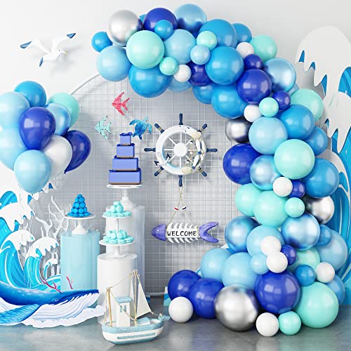 Luftballons Girlande Blau, 103 Stück Tiffany Teal Blau Silber Weiß Ballonbogen Kit mit Metallic Ballon, Dunkel Königsblau Luftballons für Kinder Hai Thema Geburtstag Babyparty Party Dekorationen von Domgoge