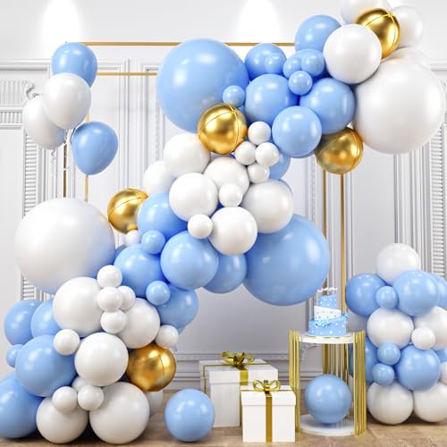 Luftballons Girlande Blau Weiß 91 Stück Pastell Blau Weiß Ballon Girlande Kit mit Gold 4D Folien Ballon Macaron Blau Geburtstags Party Ballon für Babyparty Gender Reveal Verlobung Hochzeit Deko von Domgoge