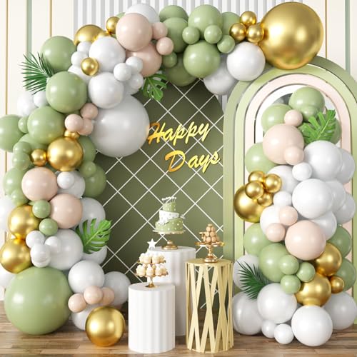 Luftballons Girlande Grün Gold 97 Stück Salbeigrün Gold Weiß Ballon Girlande Kit mit Metallic Konfetti Retro Avocado Olive Grün Geburtstags Luftballons Deko für Dschungel Babyparty Brautparty Party von Domgoge