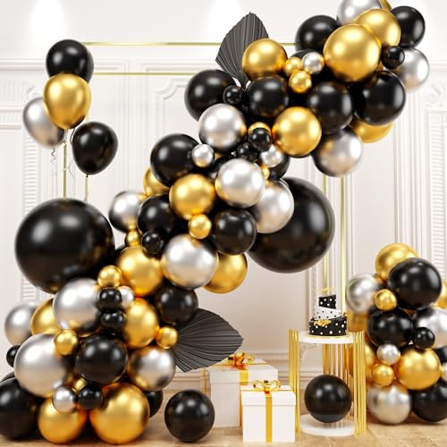 Luftballons Girlande Schwarz Gold, 99 Stück Schwarz Gold Silber Luftballons Girlande Kit mit Metallic Ballon, Geburtstag Luftballons Girlande für Männer Abschluss Ruhestand Feier Party Dekorationen von Domgoge