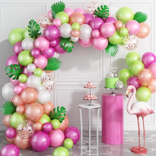 Luftballons Girlande Tropic Hawaii Party Luftballons Girlande Kit mit Palmen Blätter Heiß Rosa Hellgrün Roségold Geburtstag Dekoration für Frauen Sommer Strand Tropische Flamingo Babyparty Hochzeit von Domgoge