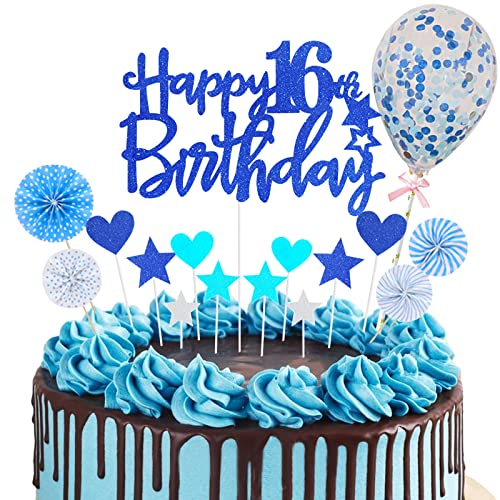 Tortendeko 16 Geburtstag Junge 16 Geburtstag Tortendeko Blau Happy 16th Birthday Cake Topper Königsblau Kuchendeckel Geburtstag mit Herz Stern Konfetti Luftballons Cupcake Topper Geburtstag Party Deko von Domgoge