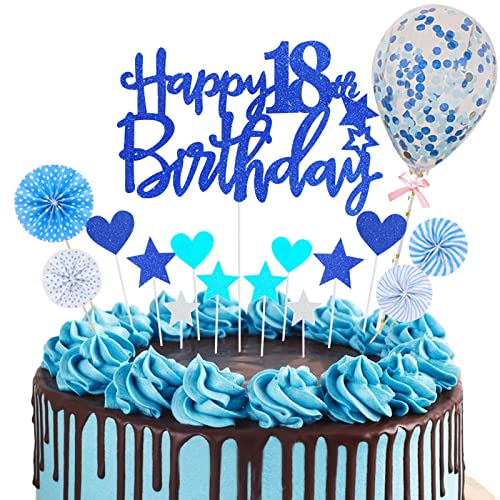 Tortendeko 18 Geburtstag Junge 18. Geburtstag Tortendeko Blau Happy 18th Birthday Cake Topper Königsblau Kuchendeckel Geburtstag mit Herz Stern Konfetti Luftballon Cupcake Topper Geburtstag Party Deko von Domgoge