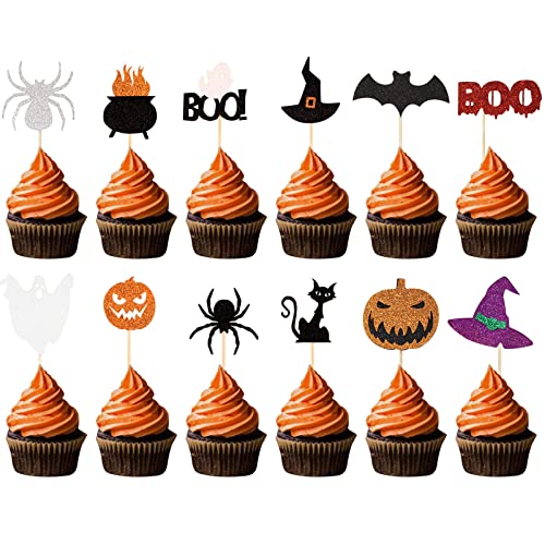 Tortendeko Halloween, Cake Topper Halloween, 12 Stück Kuchen Deko Halloween mit Fledermaus Kürbis Spinne Geist Hexe Hut BOO Schwarze Katze Cupcake Toppers, Spuk Haus Kuchendeckel Party Dekoration von Domgoge