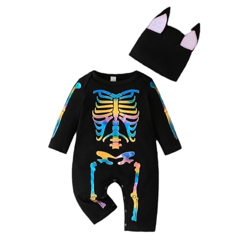 Halloween Strampler Set Neugeborenes Baby Halloween Kostüm Langarm Knochendruck Overall Strampler mit Hut Meine ersten Halloween Outfits Baby Mädchen Junge Jumpsuit Cosplay Kostüm (Black, 0-3 Months) von DonDown