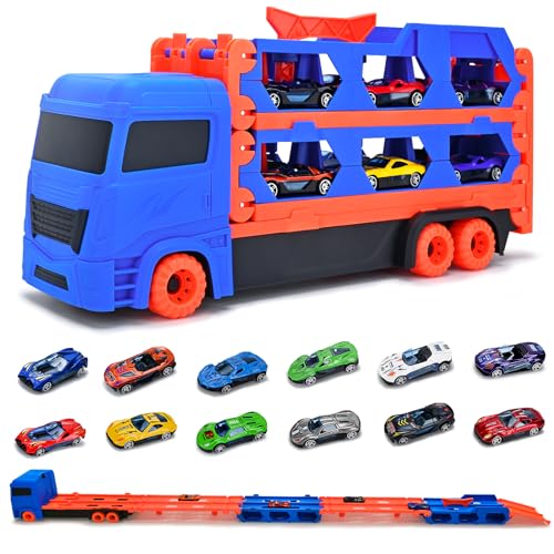 Donaky Autotransporter Spielzeug Transport Truck Spielzeugautos für Jungen mit 12 Rennautos 3-lagiges Faltbares Design LKW Spielzeug Auto Transporter für 3 4 5 6 Jahre Alte Kinder, Blau von Donaky