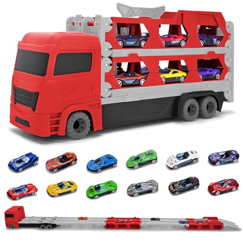 Donaky Autotransporter Spielzeug Transport Truck Spielzeugautos für Jungen mit 12 Rennautos 3-lagiges Faltbares Design LKW Spielzeug Auto Transporter für 3 4 5 6 Jahre Alte Kinder, Rot von Donaky