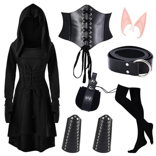 Donasty Gothic Kleid Damen Damen Mittelalterliches Kapuzenkleid Set Mittelalter Kleidung Damen Halloween Kostüm Mit Kleid für Halloween Karneval Kostüm Damen Robe Retro Gothic Cosplay (L) von Donasty