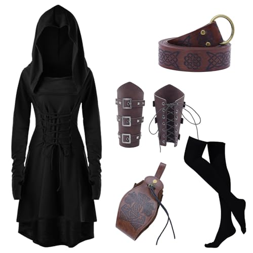 Donasty Gothic Kleid Damen Damen Mittelalterliches Kapuzenkleid Set Mittelalter Kleidung Damen Halloween Kostüm Mit Kleid für Halloween Karneval Kostüm Damen Robe Retro Gothic Cosplay (xm2-Navy, XXL) von Donasty