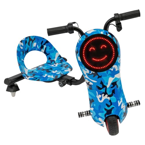 Donened - Kinder Elektro Driftscooter, 360° Elektro Roller Dreirad, 180W Elektromotor, 3 Geschwindigkeitsstufen, Veränderbare Farben und Ausdrücke, für Kinder 3 Jahre (Camouflage Blau) von Donened