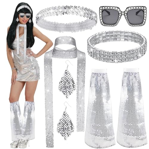 6 Stück Disco 70er 80er 90er Jahre Kostüm Accessoires Glitzer Haarbänder Disco Haarband Sonnenbrille Strass Halskette Pailletten Ohrringe Armband Outfit Damen für Fasching Karneval Kostüm von Dongcill