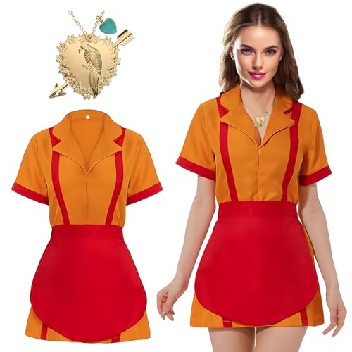 Dongcill Broke Girls Kostüm Damen Kellnerinnenkostüm Mit Schürze Und Herz Papagai Halskette Rot Gelb Bankrotten Schwestern Cosplay Kostüm Karneval (L) von Dongcill