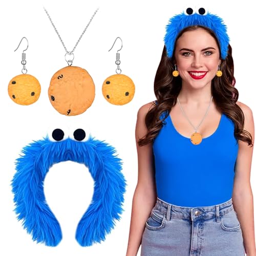 Haarreif Cookie Monster + Cookie Halskette + Handgemachte Keks-Ohrring, Cookie Keks Monster Haarreif, Krümelmonster Kostüm, Realistisches Design, Perfekt für Karneval, Halloween, Maskerade, Cosplay von Dongcill