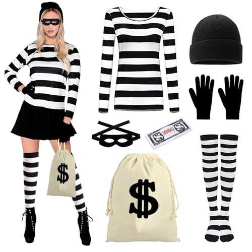 Räuber Kostüm Damen Bankräuber Kostüm Damen Dieb Kostüm Damen Einbrecher Kostüm Damen Bandit Kostüm Damen Verbrecher Kostüm Damen Kostüm Sträfling Damen Kostüm Dieb für Halloween Karneval Cosplay-7pcs von Dongcill