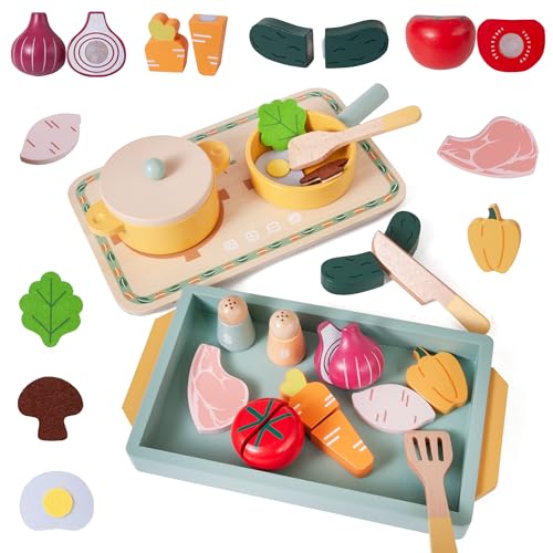 Donmills 24pcs Pretend Play Kitchen Accessories Toddler Cooking Set, Wooden Toy Pot and Pan with Play Food Set for Kids Kitchen, Montessori Toys Food Cookware Playset Boys and Girls Birthday Gift von Donmills