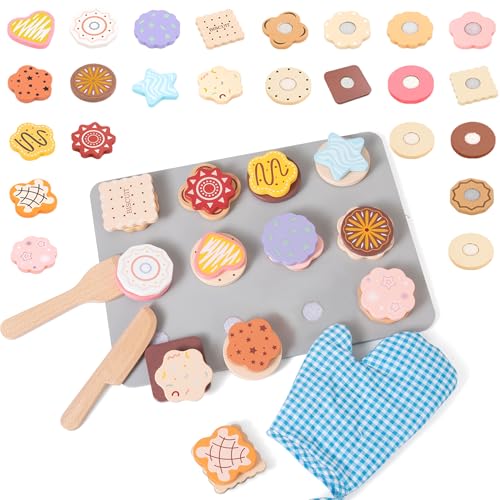 Donmills 28pcs Wooden Cookie Maker Toy Kitchen Accessories, Kids Play Kitchen Cutting and Baking Food Toys Cookies Bakery Playset, Toddler Pretend Play Toy Food Set Boys and Girls Birthday Gift von Donmills