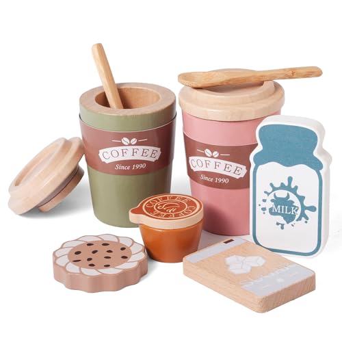 Donmills Kinder Kaffee Spielset, Holz Montessori Spielzeug Spielküche Zubehör mit Kaffeetassen, Espresso & Milch, Kleinkind Pretend Play Kaffee Spielzeug Küche Set Jungen und Mädchen von Donmills