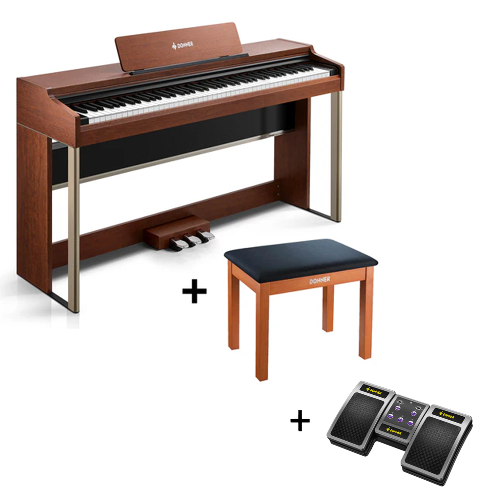 Donner DDP-200 PRO 88 Tasten Hammertastatur gewichtetes Digitalpiano Standard, Dunkelbraun / Klavier + Bank + Page Turner von Donner Music - DE