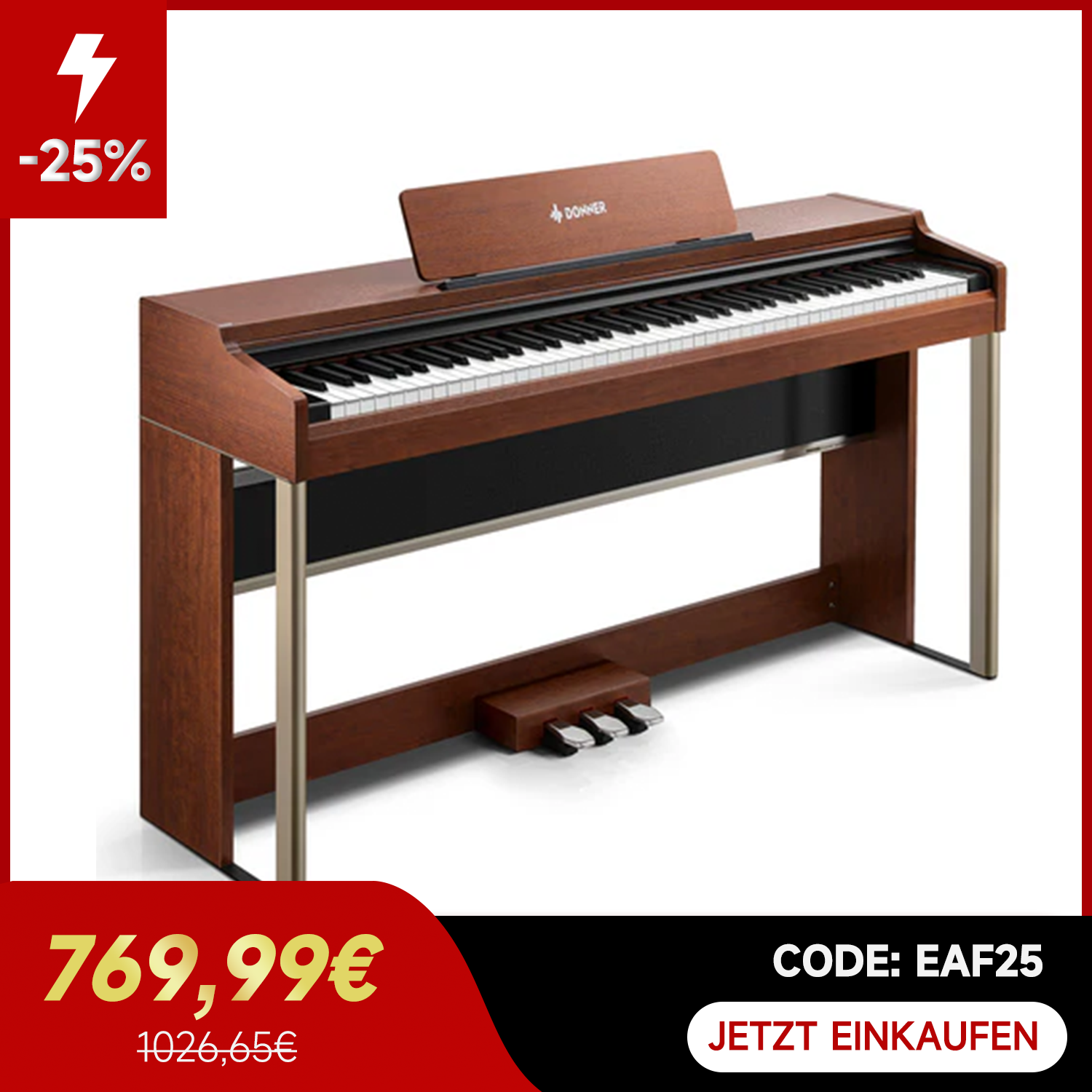 Donner DDP-200 PRO 88 Tasten Hammertastatur gewichtetes Digitalpiano Standard, Dunkelbraun / Klavier von Donner Music - DE